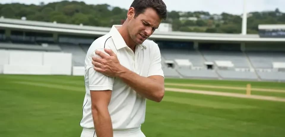 Joueur de cricket se tenant l'épaule sur le terrain