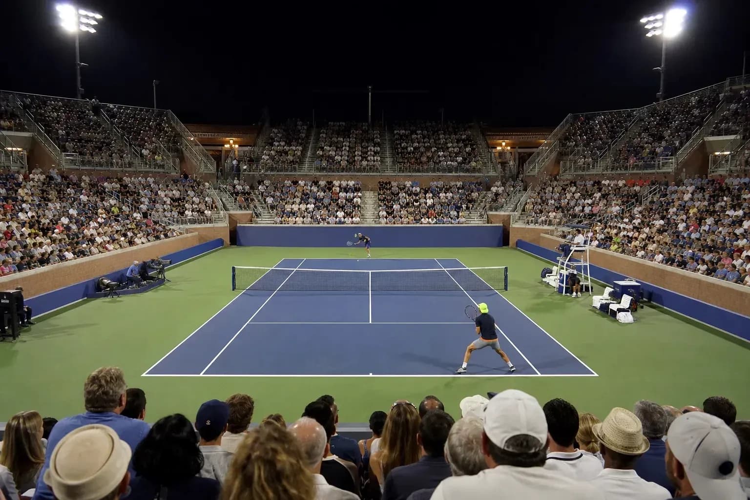 Match de tennis avec spectateurs en soirée