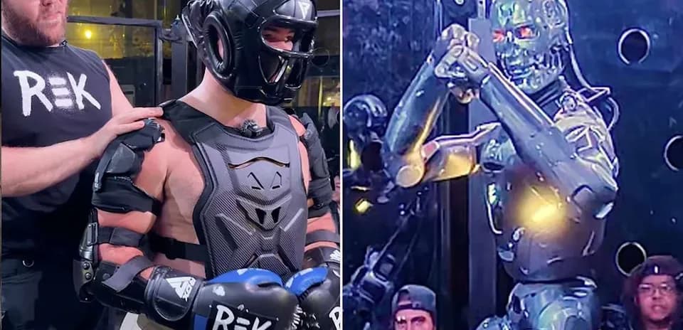 Person in protective gear facing a robotic opponent