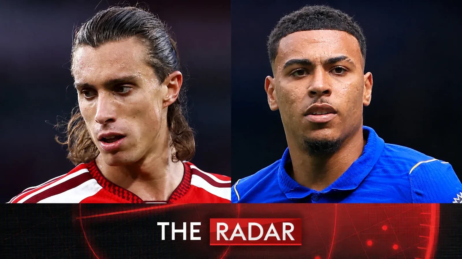 Deux joueurs de football en gros plan sur fond graphique