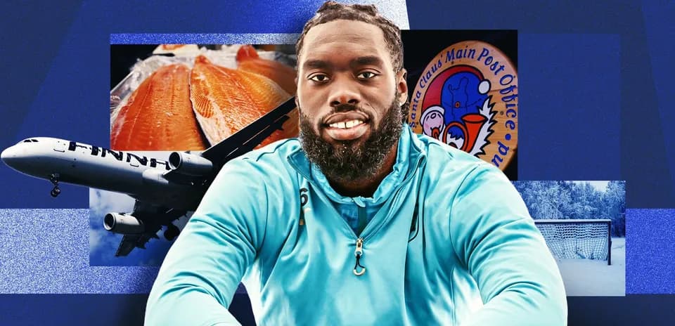 Athlete posing with various thematic elements in background