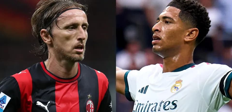 Deux joueurs en action, l'un avec AC Milan, l'autre avec Real Madrid