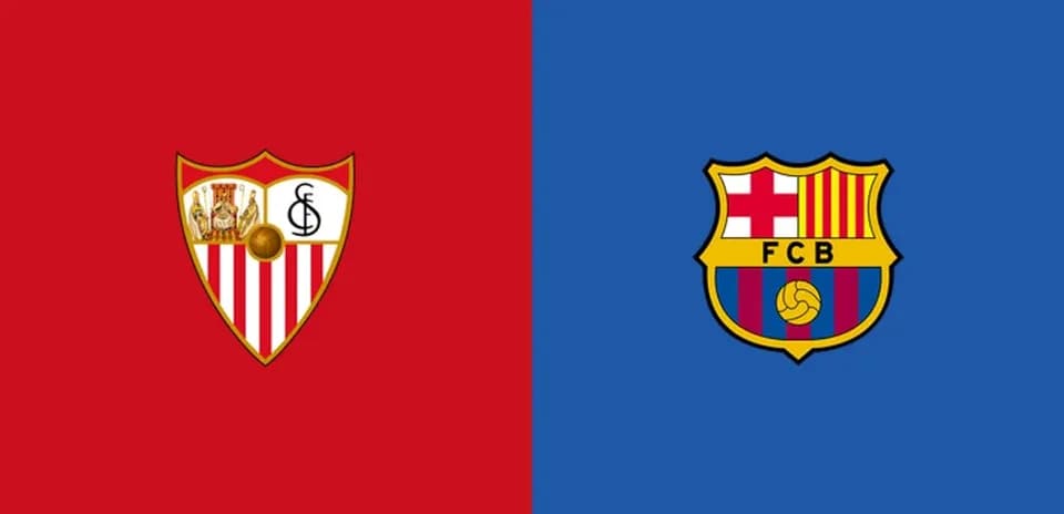 Logos de Sevilla FC et FC Barcelone sur fond coloré