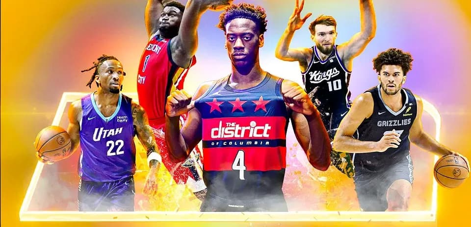Cinq joueurs de basketball en action sur fond coloré