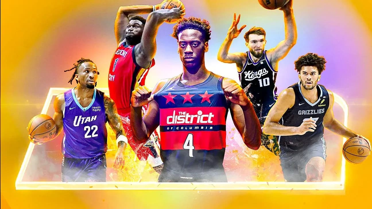 Cinq joueurs de basketball en action sur fond coloré