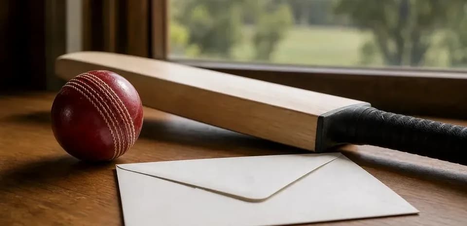 Batte de cricket, balle et enveloppe sur table