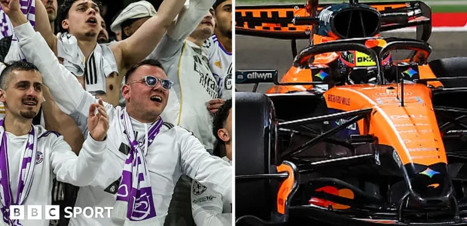 Supporters cheering on the left, F1 car on the right