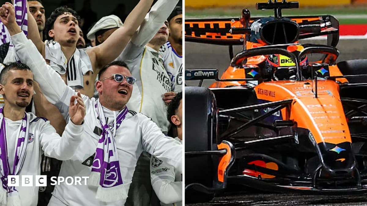 Supporters cheering on the left, F1 car on the right