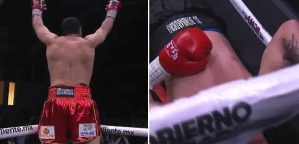 Boxeur victorieux levant les bras, adversaire au sol