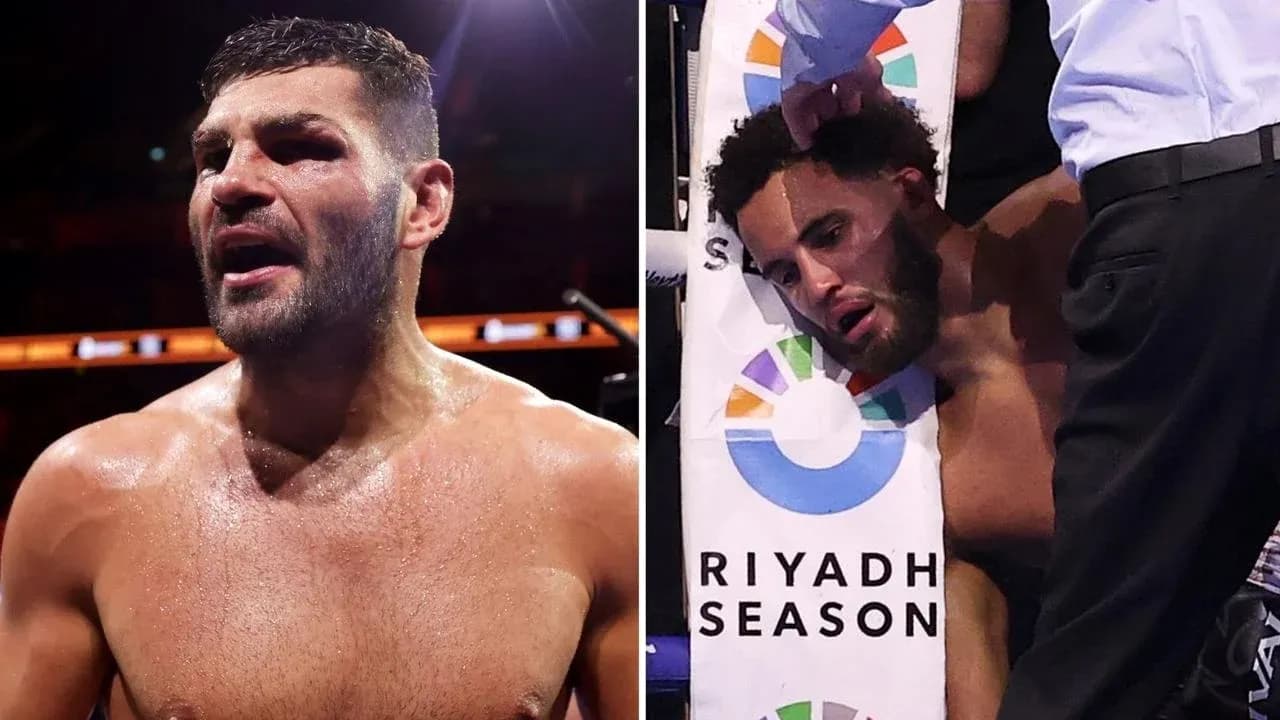 Boxers after a match, one celebrating, one resting