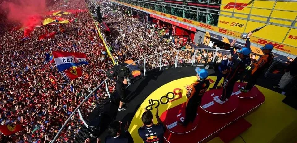 Podium celebration with fans at Formula 1 race