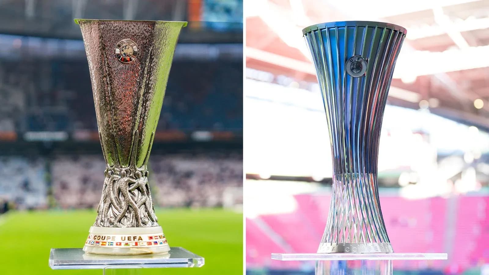 Trois trophées UEFA sur présentoirs en stade