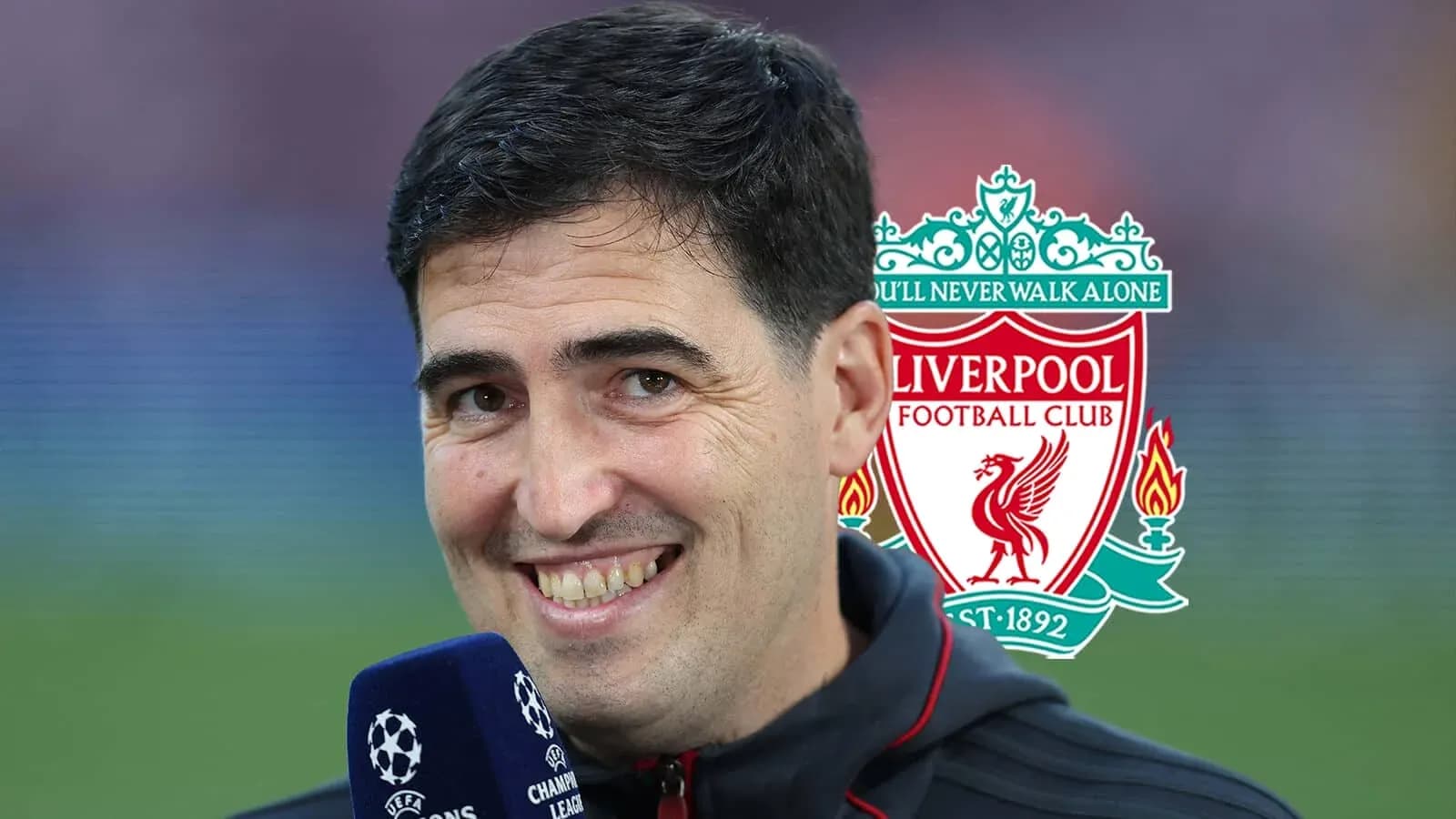 Person smiling with Liverpool FC logo in background