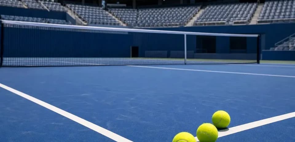 Trois balles de tennis sur court bleu