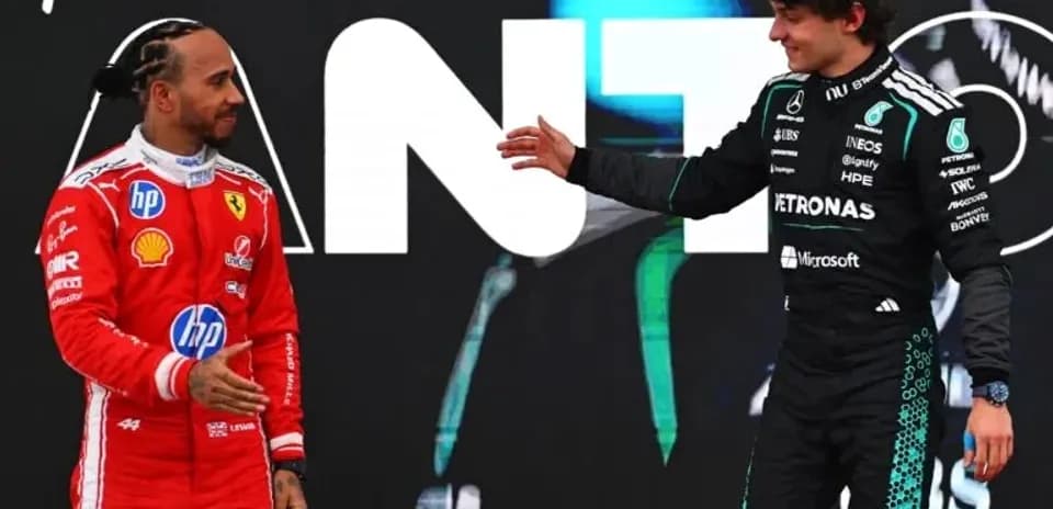 Lewis Hamilton and George Russell at podium ceremony