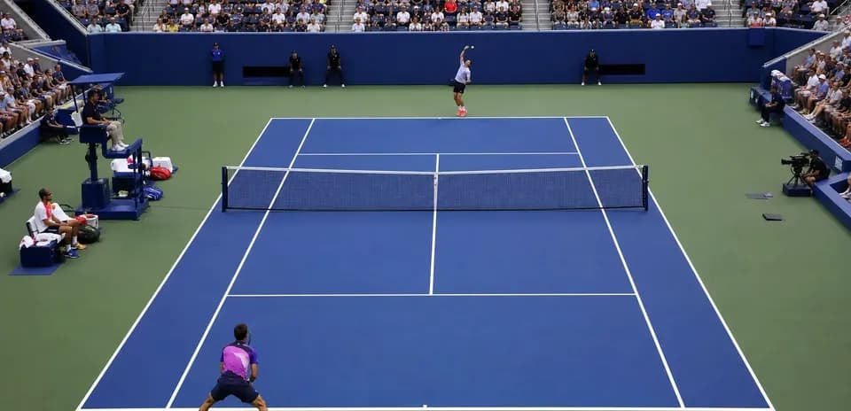 Joueur servant sur le court pendant un match de tennis