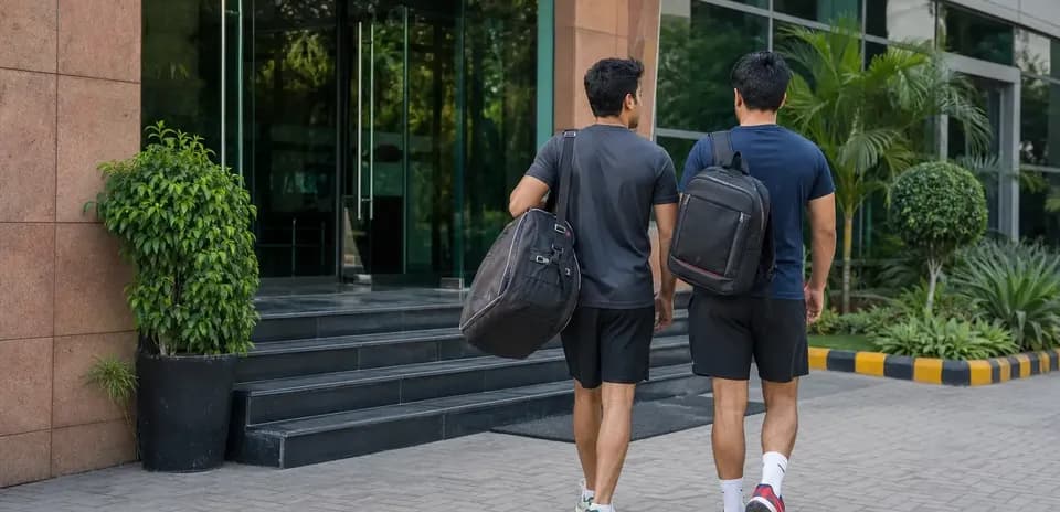 Deux personnes marchant vers un bâtiment avec des sacs