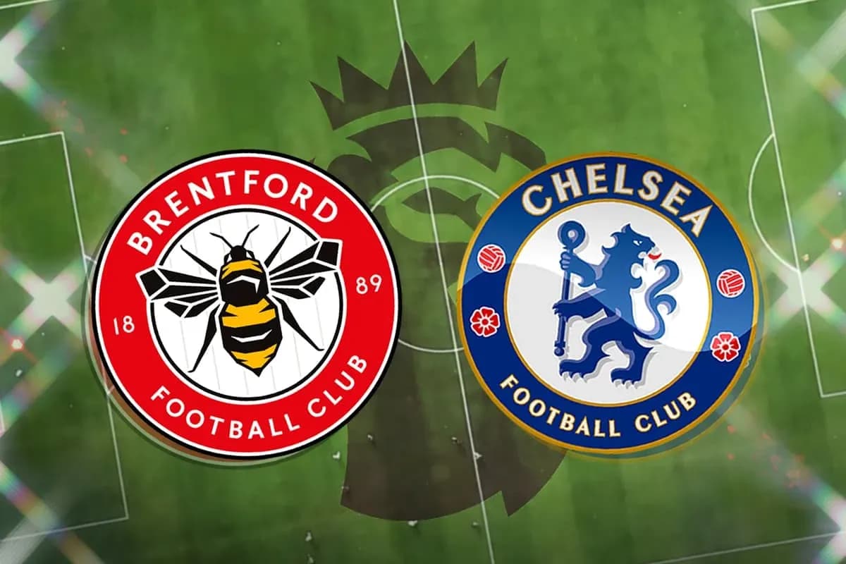 Logos de Brentford et Chelsea sur terrain de football