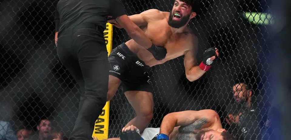 Combatants in UFC match with referee intervening