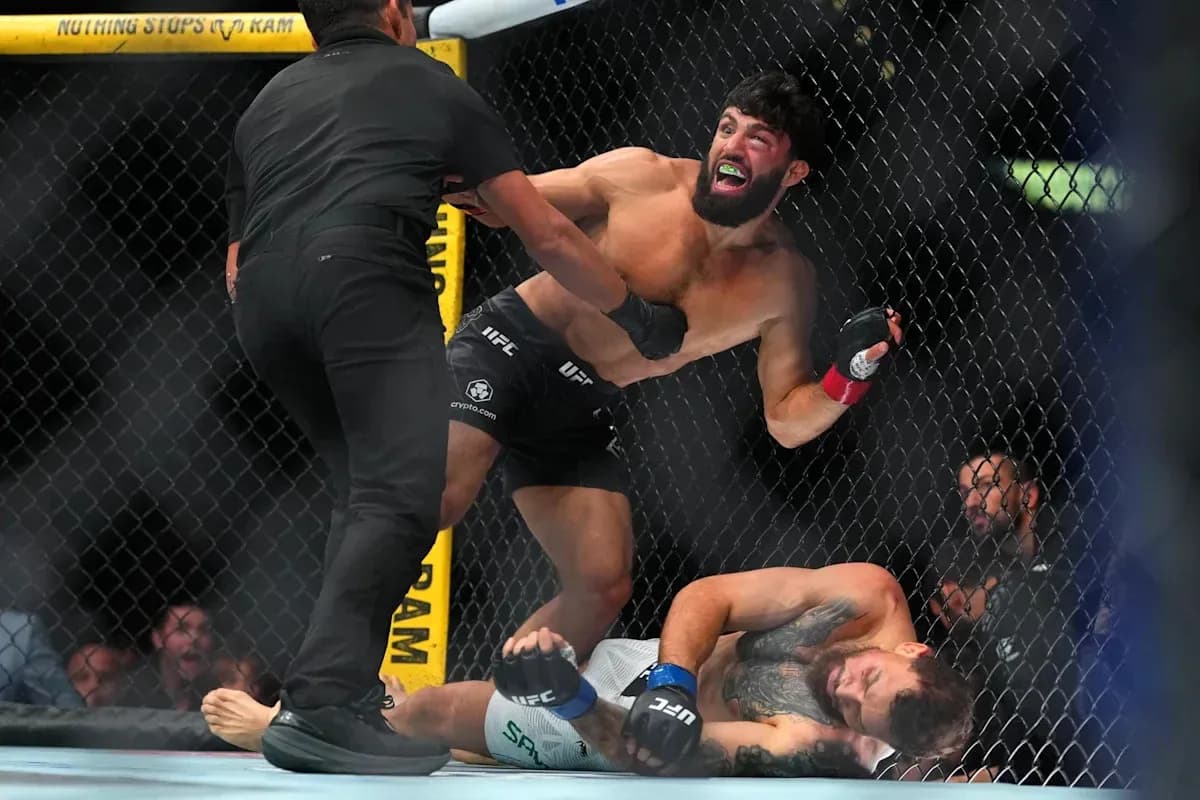 Combatants in UFC match with referee intervening