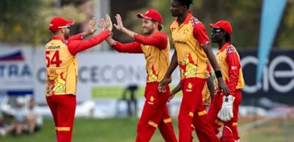 Joueurs célébrant une prise lors d'un match de cricket