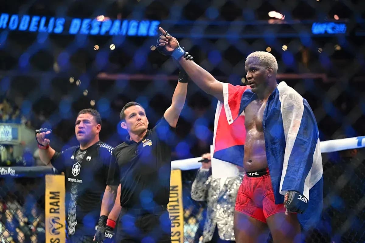 Fighter celebrating victory with flag in octagon Fighter celebrating victory with flag in octagon