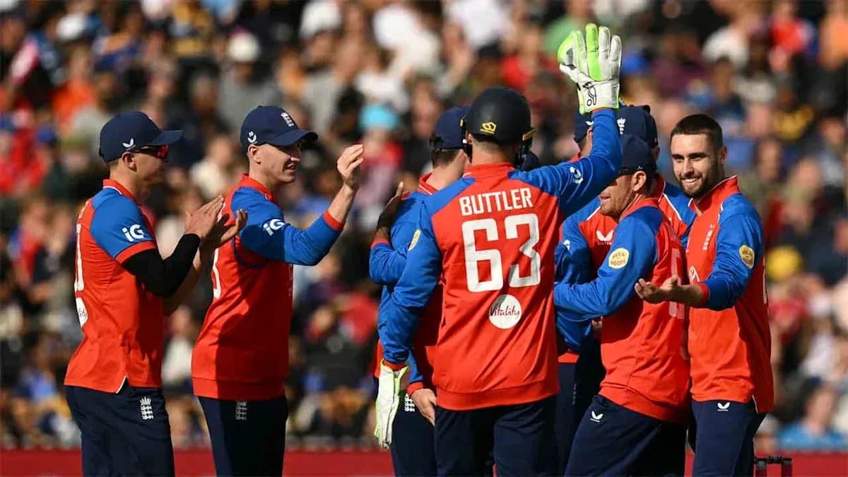 Joueurs d'Angleterre célébrant un wicket au cricket Joueurs d'Angleterre célébrant un wicket au cricket