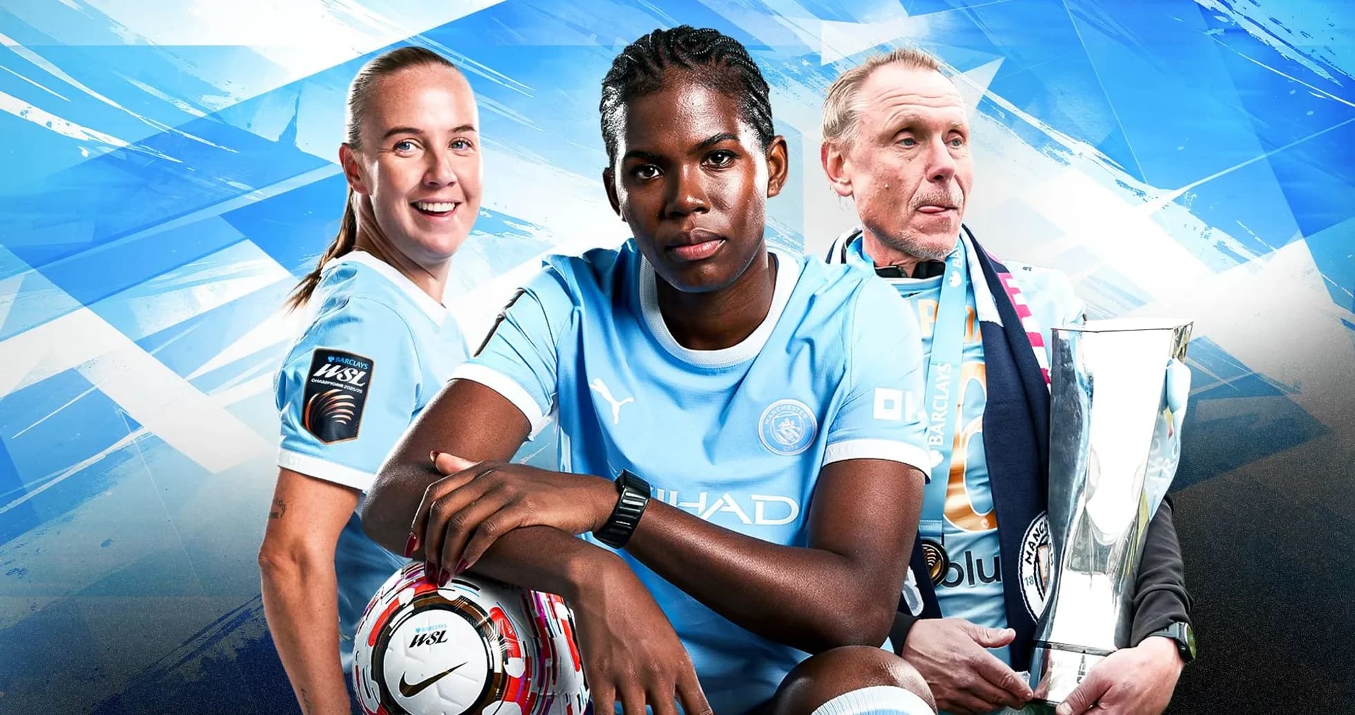 Joueurs de Manchester City avec un entraîneur et un trophée Joueurs de Manchester City avec un entraîneur et un trophée