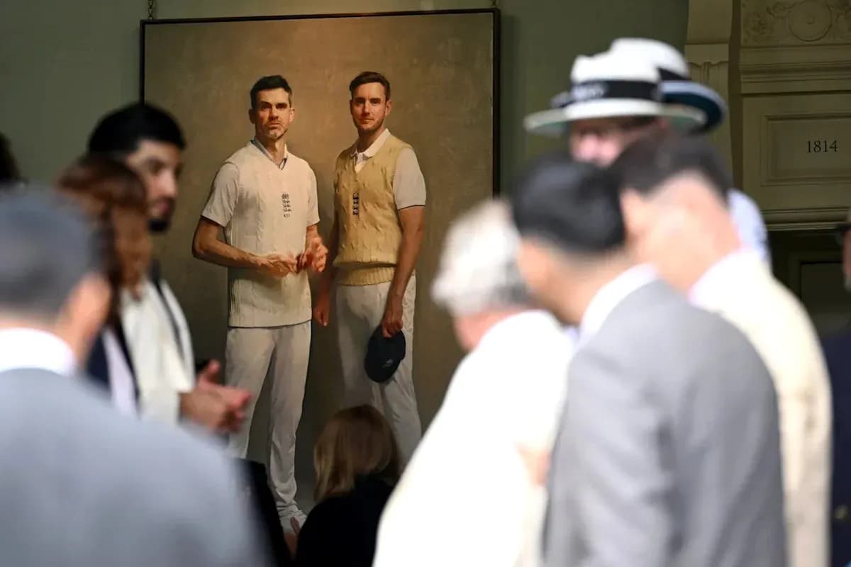 Portrait of two cricketers at an event Portrait of two cricketers at an event