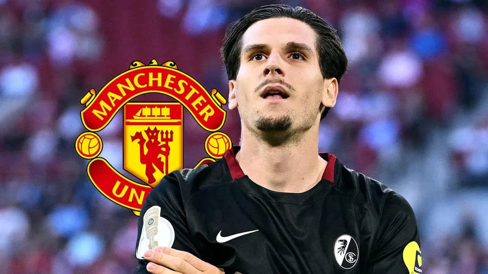Joueur de football en maillot noir avec logo de Manchester United Joueur de football en maillot noir avec logo de Manchester United
