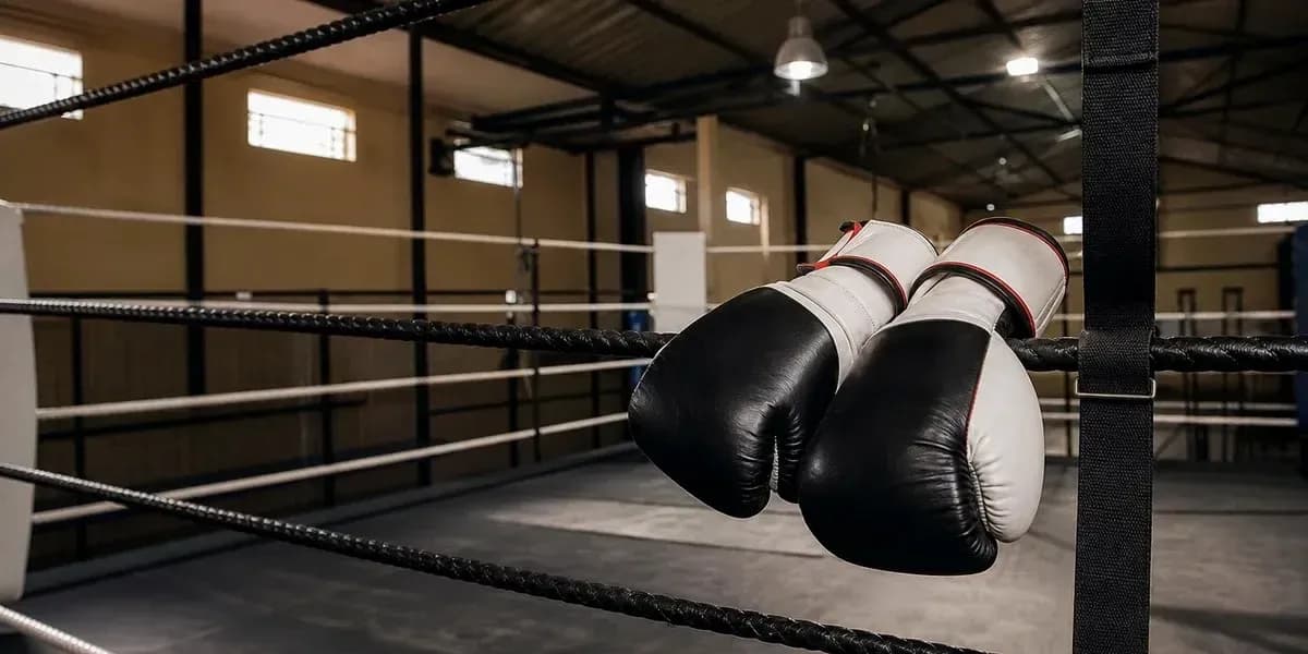 Gants de boxe suspendus dans un ring Gants de boxe suspendus dans un ring