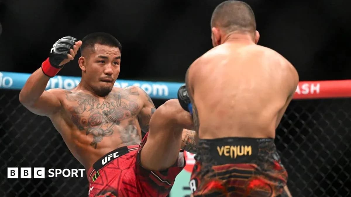 Fighter delivering a kick during UFC match Fighter delivering a kick during UFC match