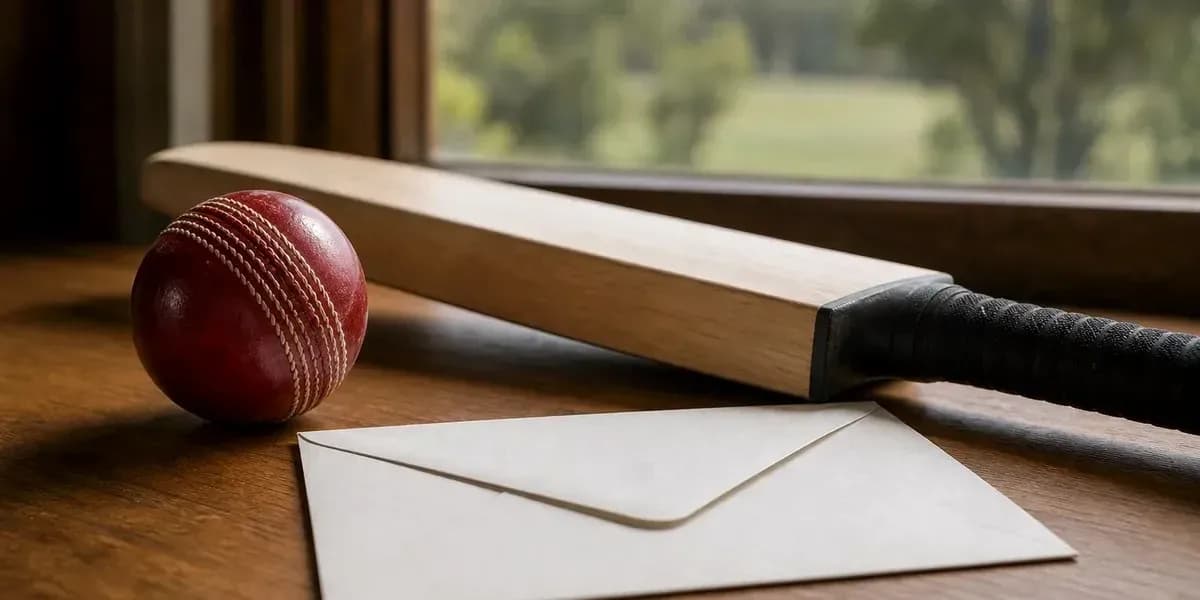 Batte de cricket, balle et enveloppe sur table Batte de cricket, balle et enveloppe sur table