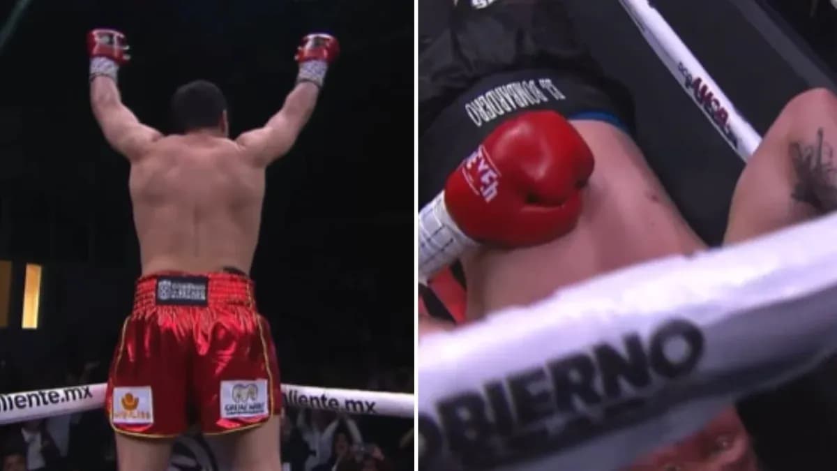 Boxeur victorieux levant les bras, adversaire au sol Boxeur victorieux levant les bras, adversaire au sol
