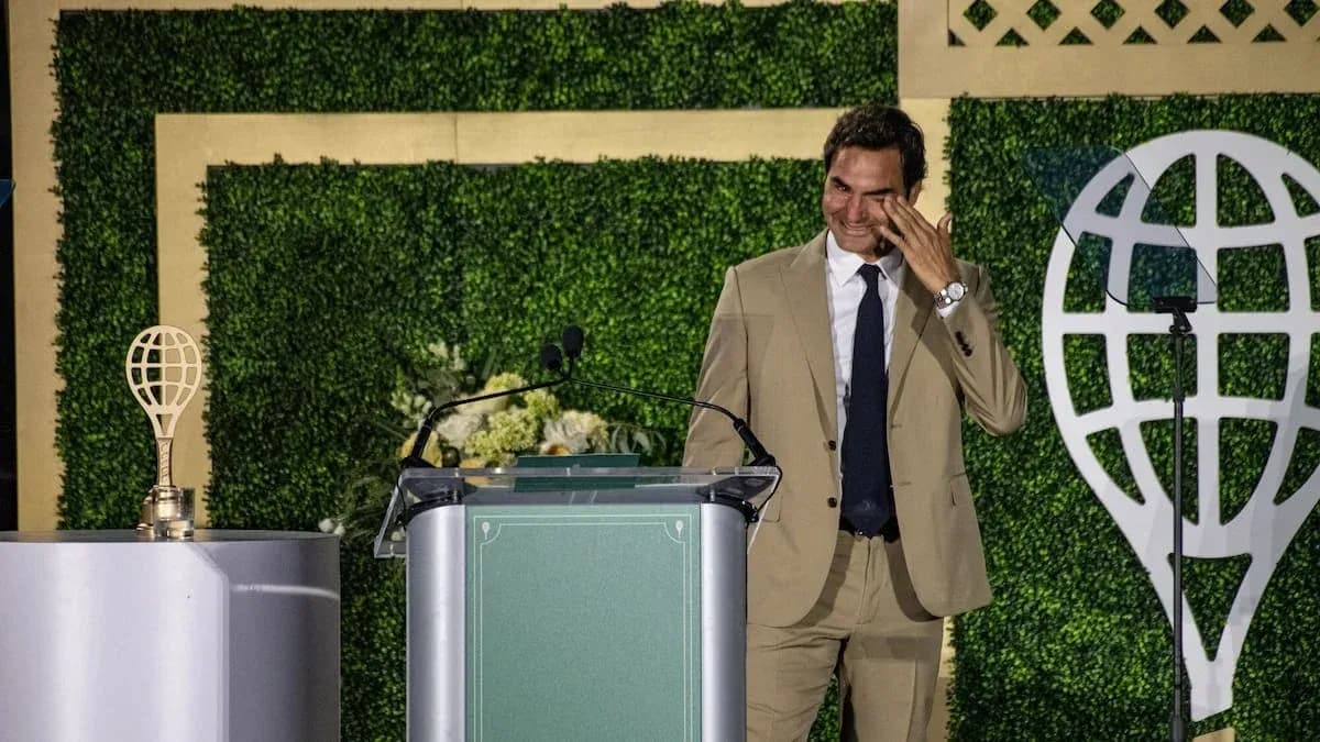 Roger Federer speaking at an awards ceremony Roger Federer speaking at an awards ceremony