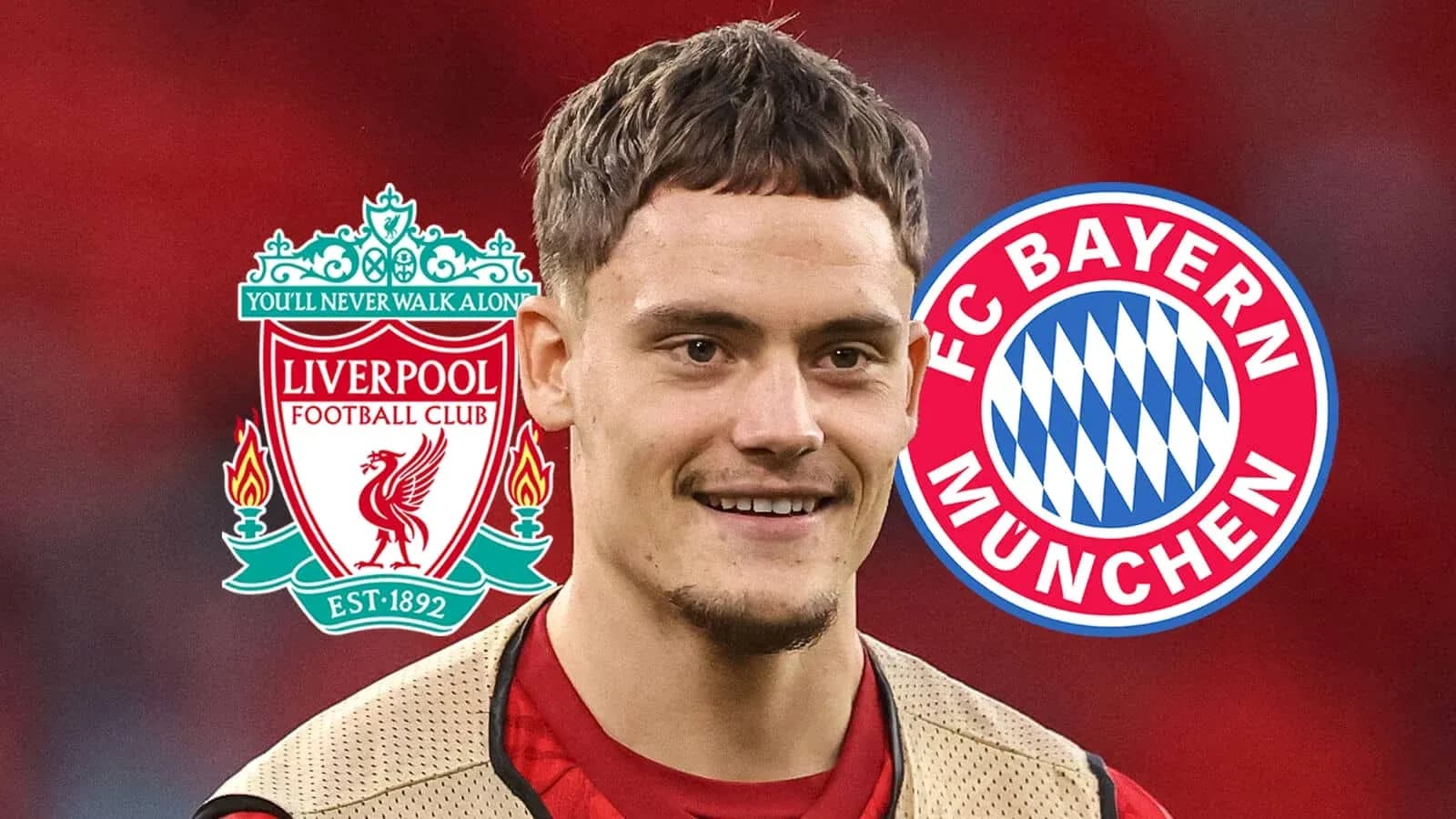 Joueur avec logos de Liverpool et Bayern Munich en arrière-plan Joueur avec logos de Liverpool et Bayern Munich en arrière-plan