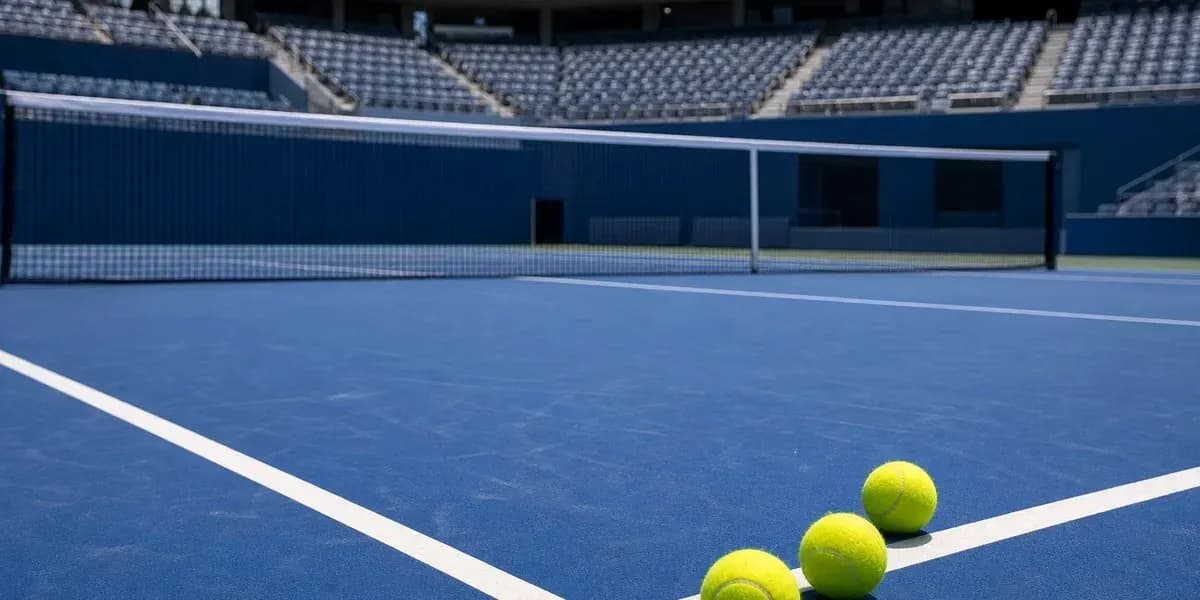 Trois balles de tennis sur court bleu Trois balles de tennis sur court bleu