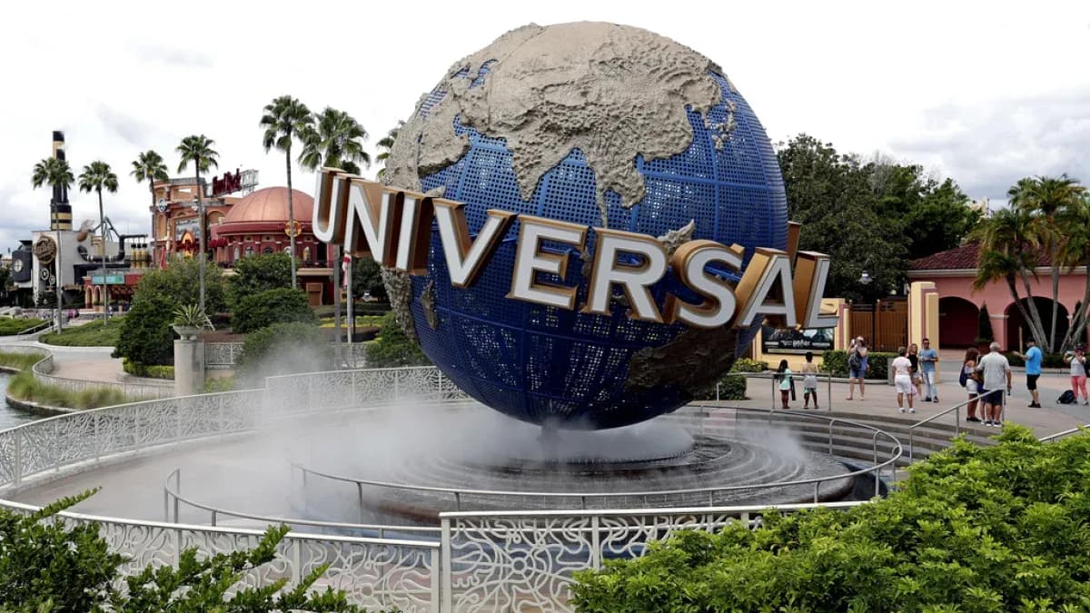 Globe monument with 'UNIVERSAL' at theme park Globe monument with 'UNIVERSAL' at theme park