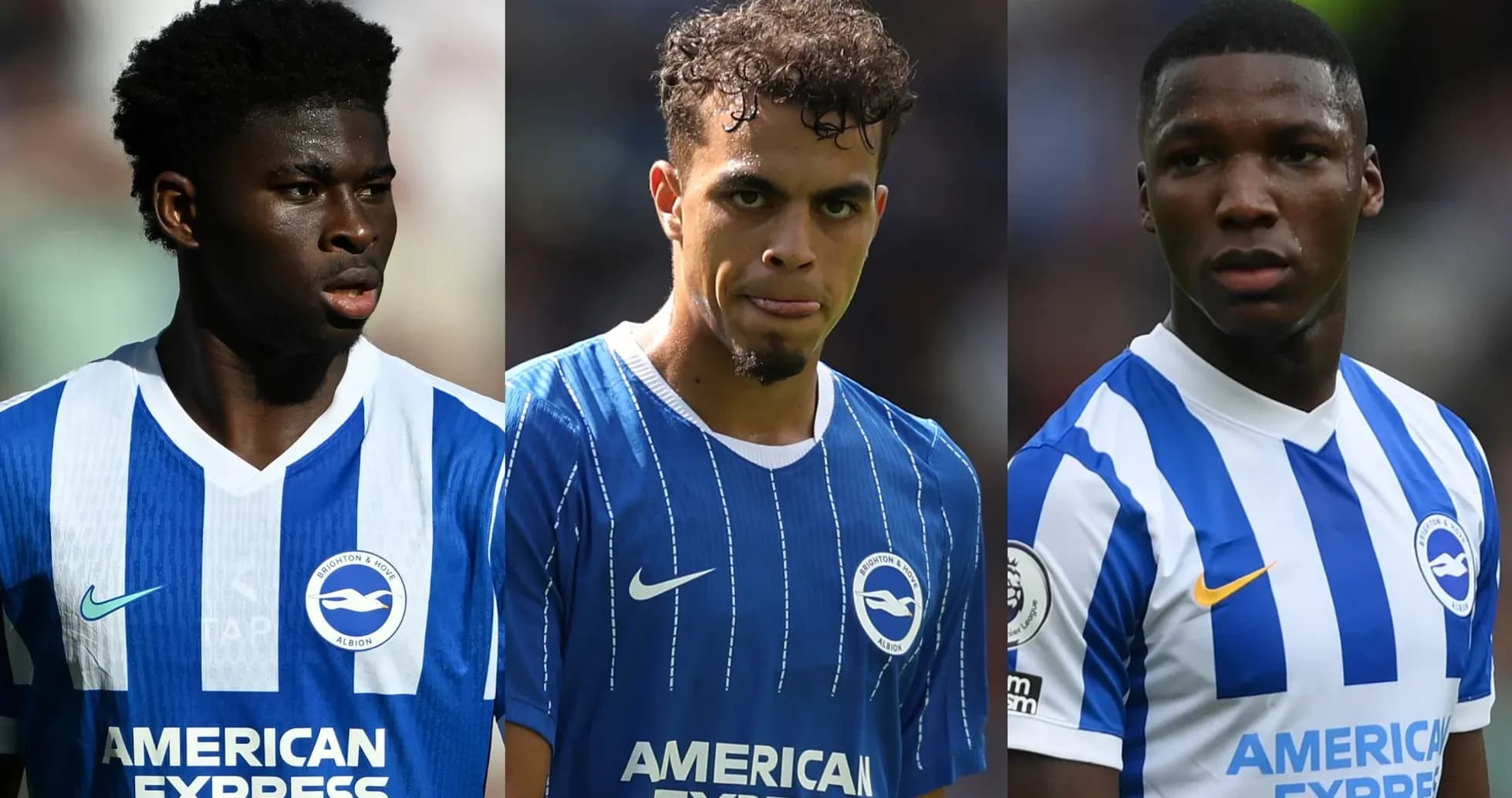 Trois joueurs de Brighton en maillots rayés bleus Trois joueurs de Brighton en maillots rayés bleus