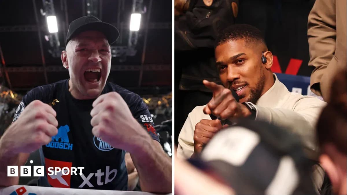 Tyson Fury celebrating and Anthony Joshua pointing at crowd Tyson Fury celebrating and Anthony Joshua pointing at crowd