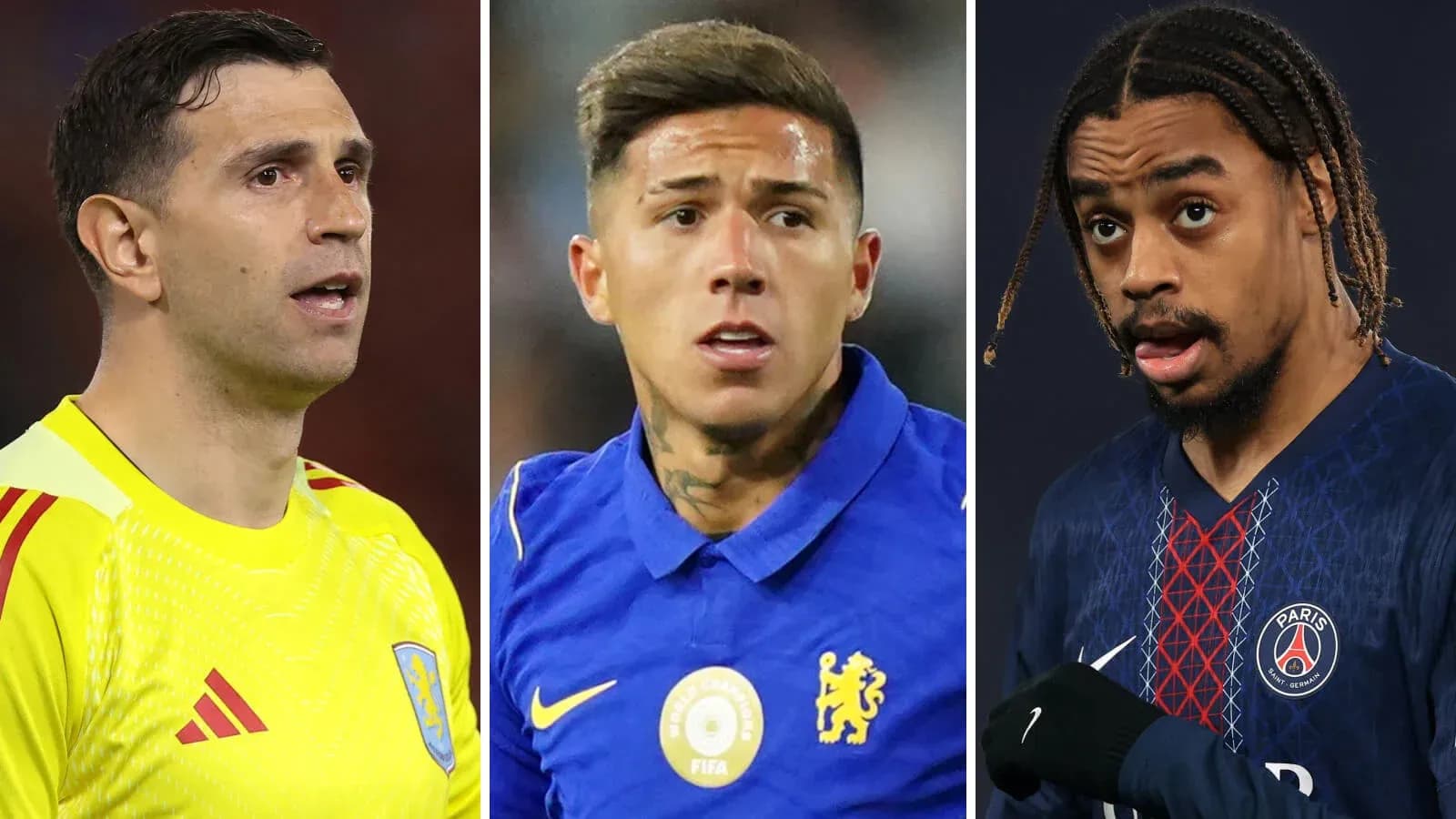 Trois joueurs de football en maillots d'équipe Trois joueurs de football en maillots d'équipe