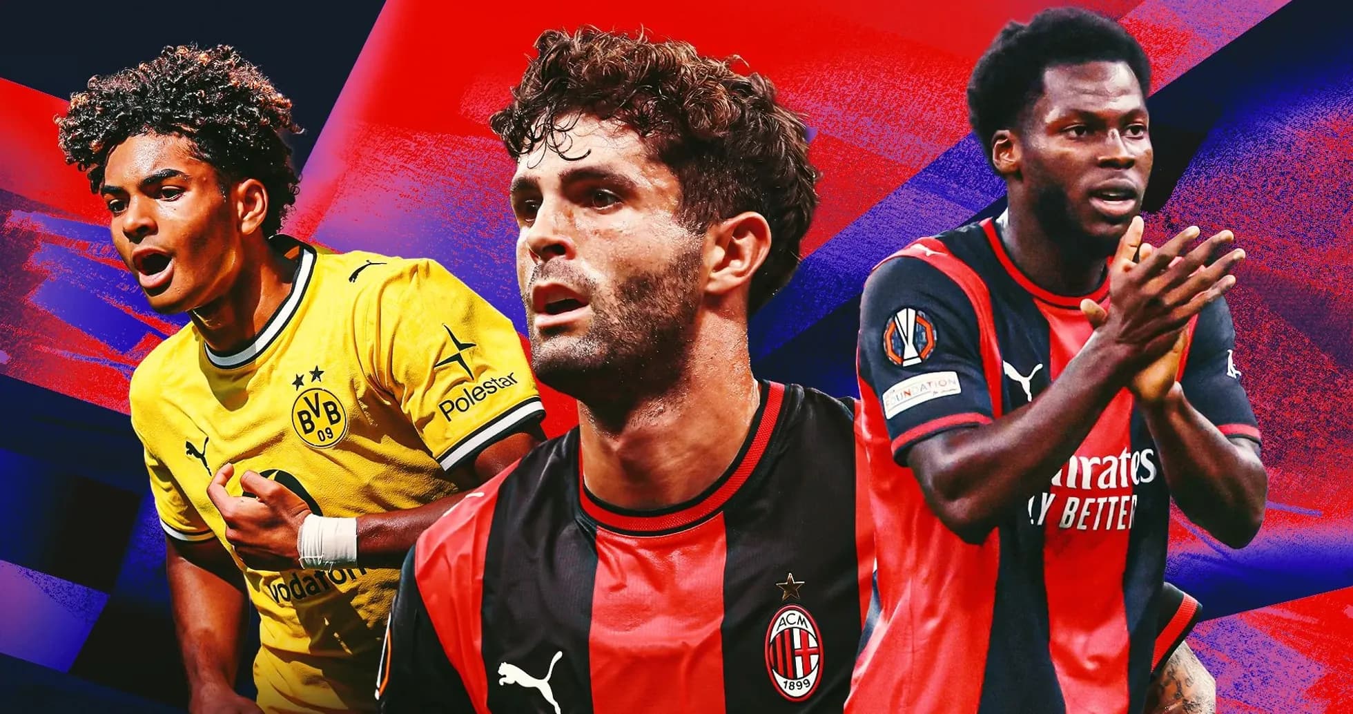 Trois joueurs en maillot de football sur fond coloré Trois joueurs en maillot de football sur fond coloré
